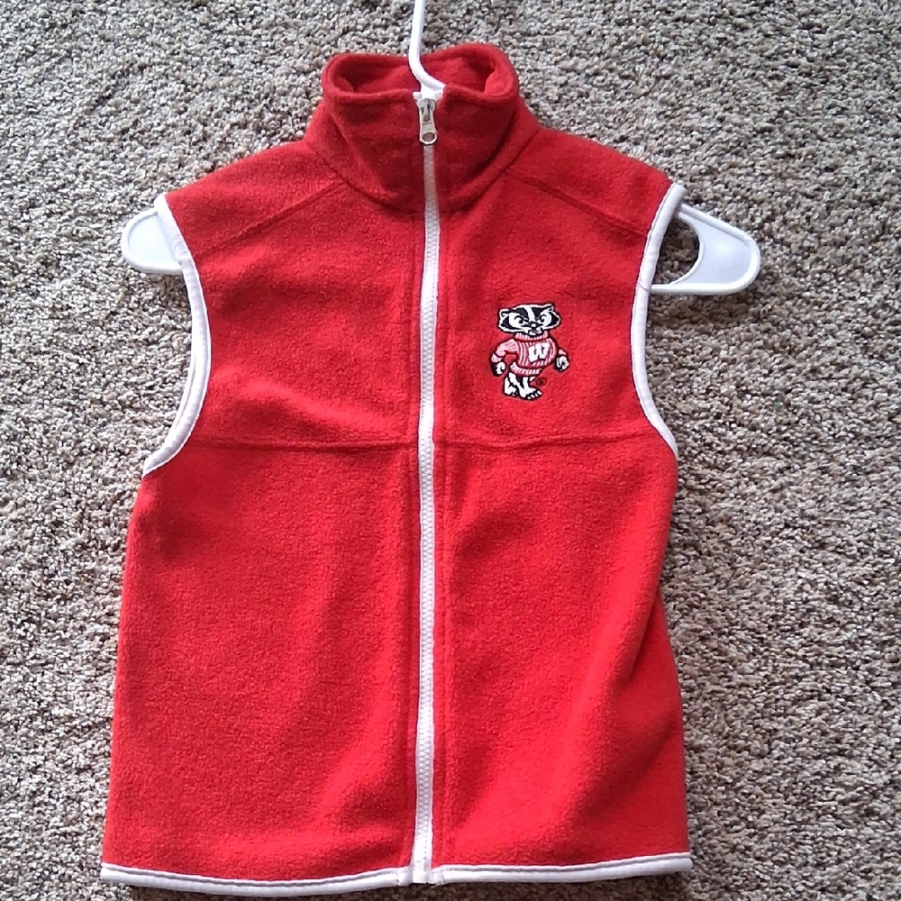 Red Fleece Kids Vest with wisconsin  Mascot Logo